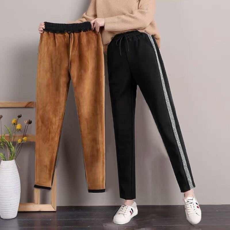 Loose Slim Looking Sports Pants Female Winter Fleece-Lined