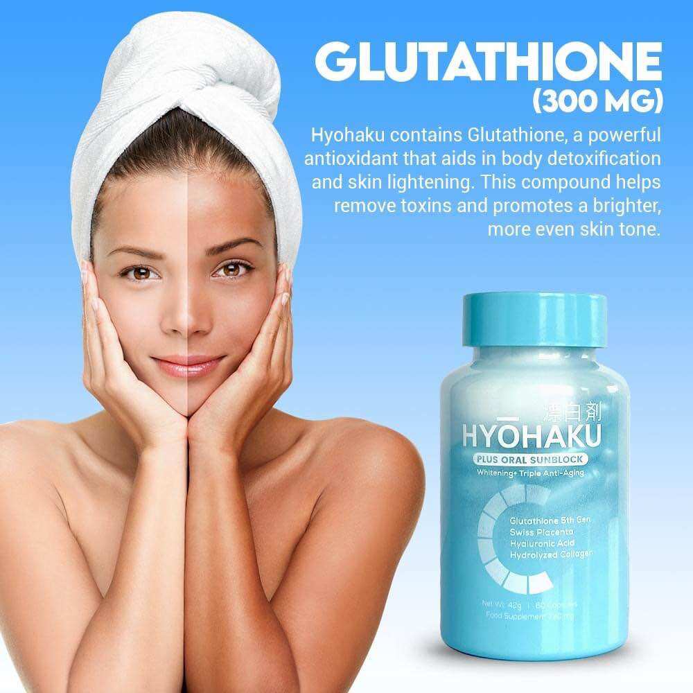 hyohaku glutathione HYOHAKU plus oral sunblock (Whitening + Triple anti aging) Glutathione 5th Gen., Swiss Placenta, Hyaluronic Acid and Hydrolyzed Collagen