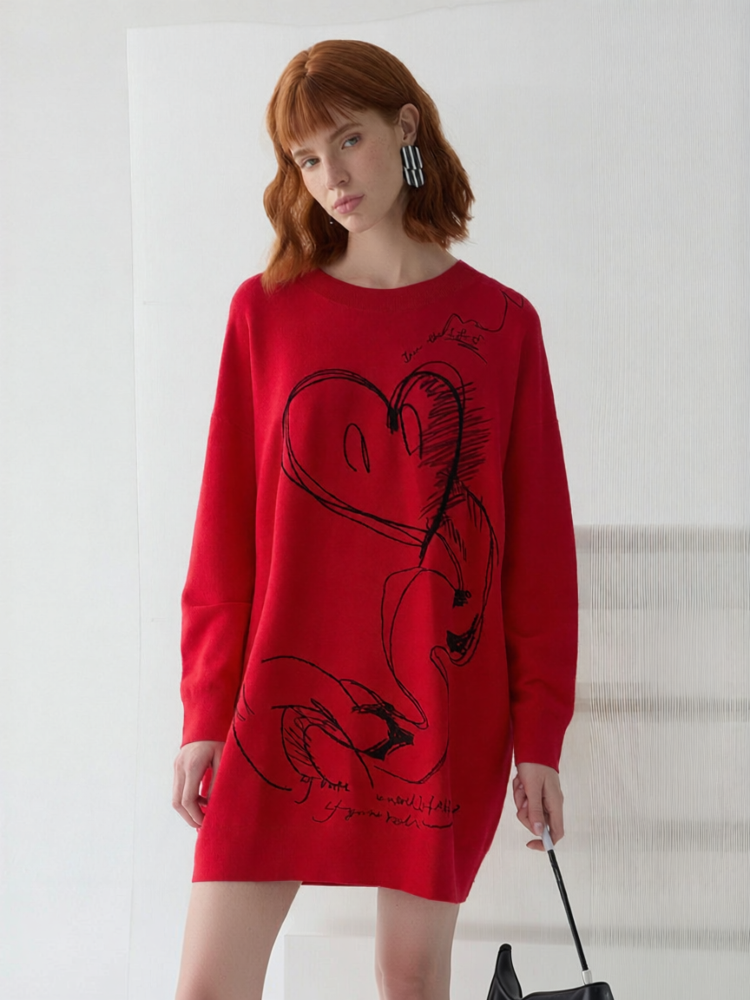 MIIDII | Spring New Arrival Lazy Knitted Dress Chinese Red Sweater Embroidery Long Knitted Shirt Modern Style Loose Waist H-Shape Dress Presyo 8,406 Piso*Libreng Shipping