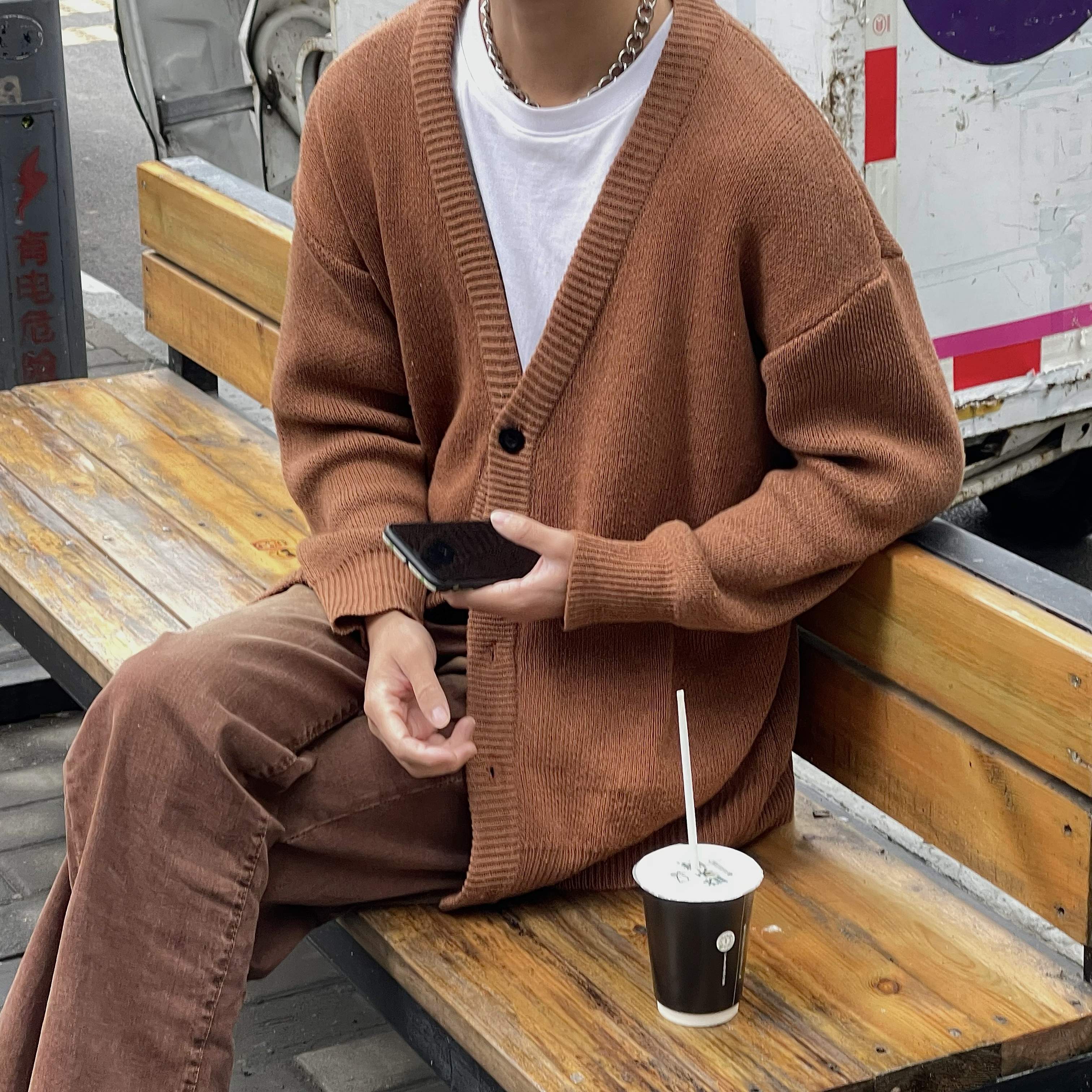 Beancurd Brown Knitted Cardigan Jacket Idle Style Hong Kong Style  All-Matching Loose Sweater for Men and Women