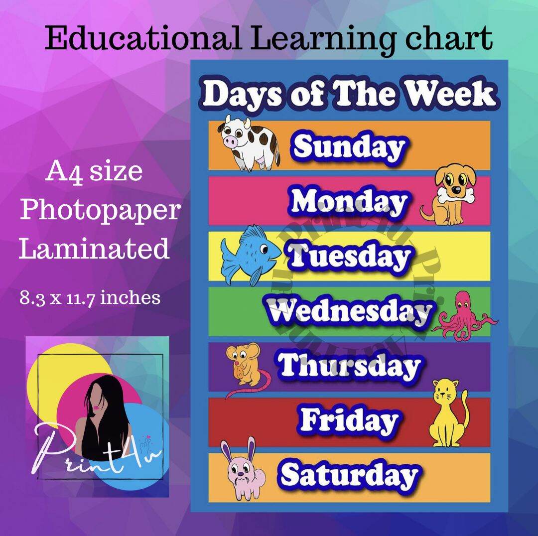 Days of the week Laminated learning materials educational chart | Lazada PH