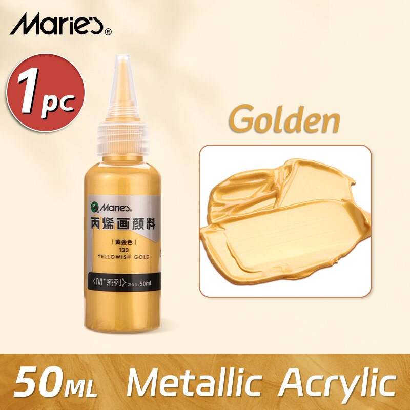 50ml Maries Metallic Acrylic Paint Pearlescent Rich Shiny Pigments with Bottle Golden Slivery for DIY Art Painting Wood Gl