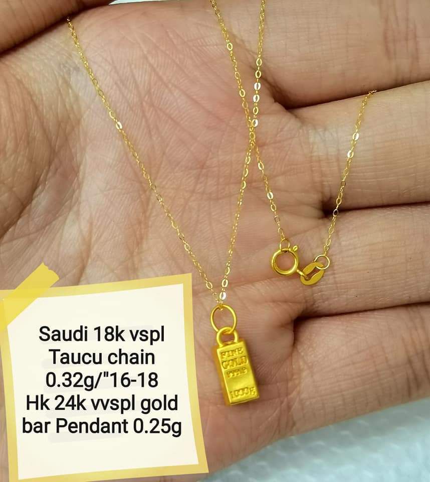 18K Saudi Gold Necklace with 24K Hong Kong Gold Bar Pendant Pawnable