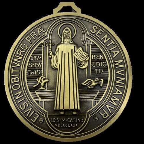 5 Extra Large St Benedict Medal Brass Tone With Turning Center and Prayer Card/ Medalla De San Benito XL Con Centro Giratorio Con Oración