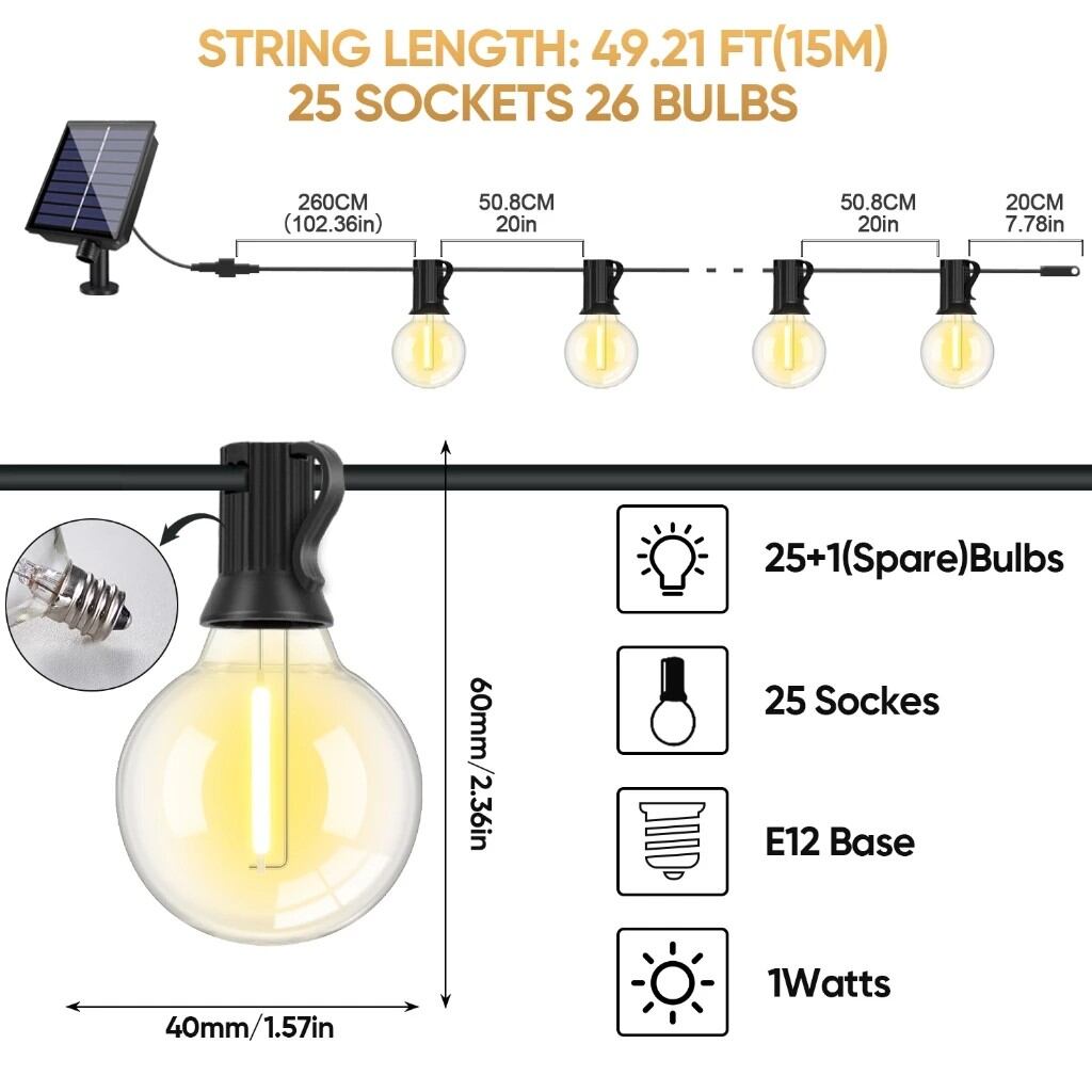 Solar Lights G40 Light String IP65 LED Solar Outdoor Light Waterproof Fairy Lights Party Garden Yard Decoration