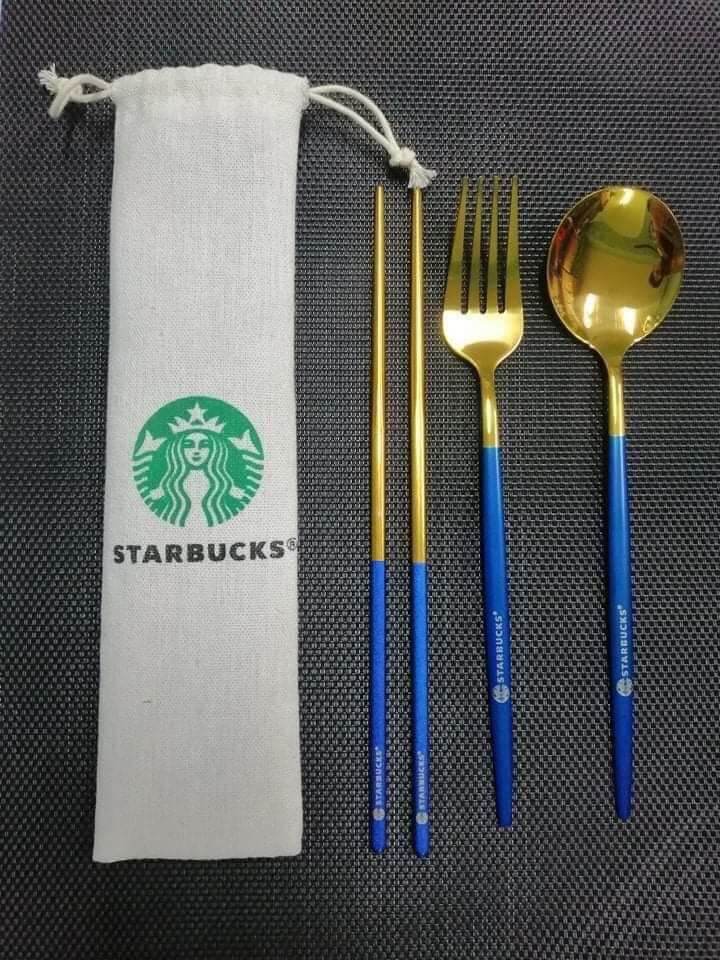 starbucks cutlery set with pouch 3in1 spoon fork and chopsticks Lazada PH