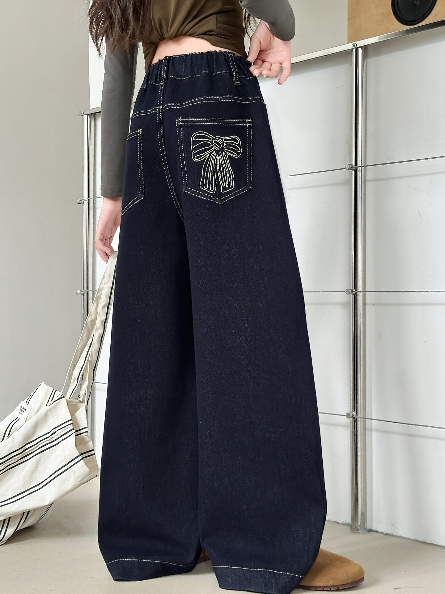 MPW | Girls Wide Leg Jeans Spring Autumn Casual Butterfly Knot Children's Fashionable Casual Trousers Elastic Waist Denim Pants Presyo 1,876 Piso*Libreng Shipping