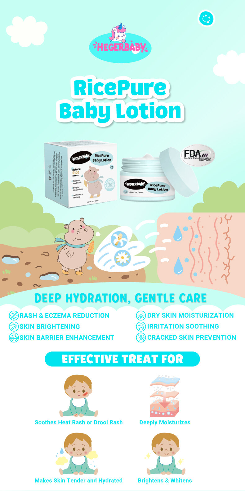 Hegerbaby RicePure Baby Lotion Soothes Heat Drool Rash Deeply