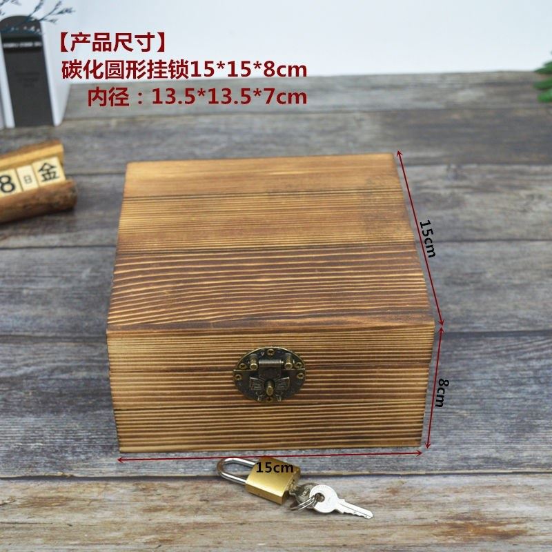 Small Household Multifunctional Simple Wooden Lock Box (carbonized Round  Padlock 15*15*8) Boxes Storage Student 