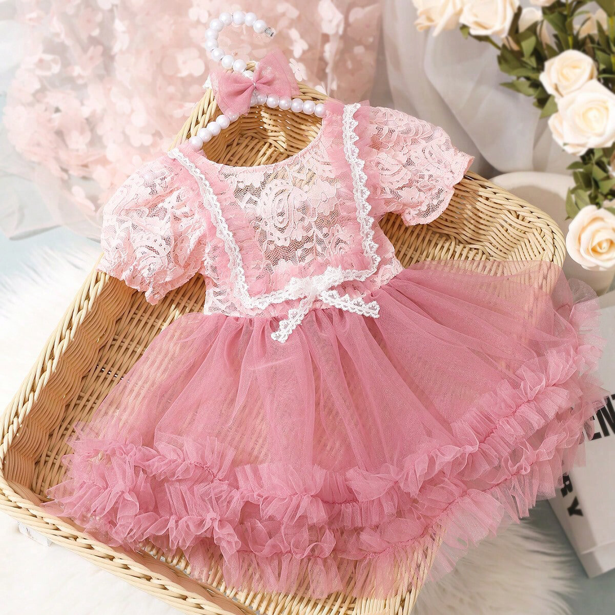 lazada ladies dress Pink Baby Girl Clothes SHEIN 2pcs/Set Baby Girl 0-3 Years Old Casual Street satin flower girl dress with bow