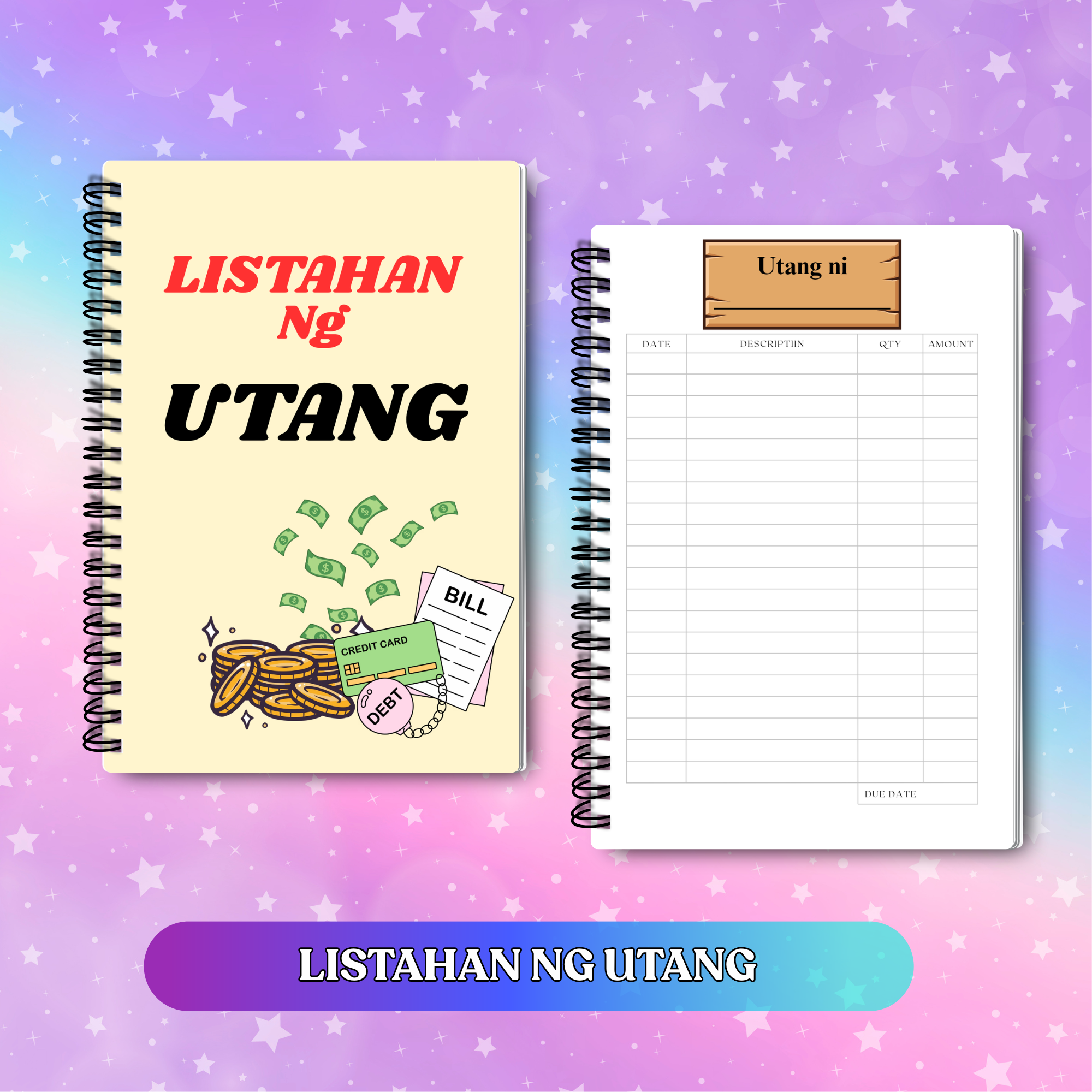 Listahan Ng Utang notebook with spiral binding and financial-themed cover featuring money and bills. Open to a page with columns for date description quantity and amount. FREE PEN