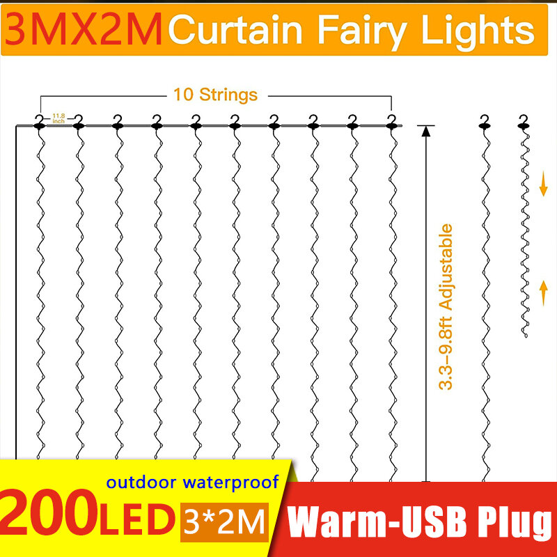 Fairy Curtain Lights 300 LED Copper Wire Lamp USB Plug in 8 Modes Christmas Fairy String Hanging Lights with Remote Controller for Bedroom Indoor Outdoor Weddings Party Decorations