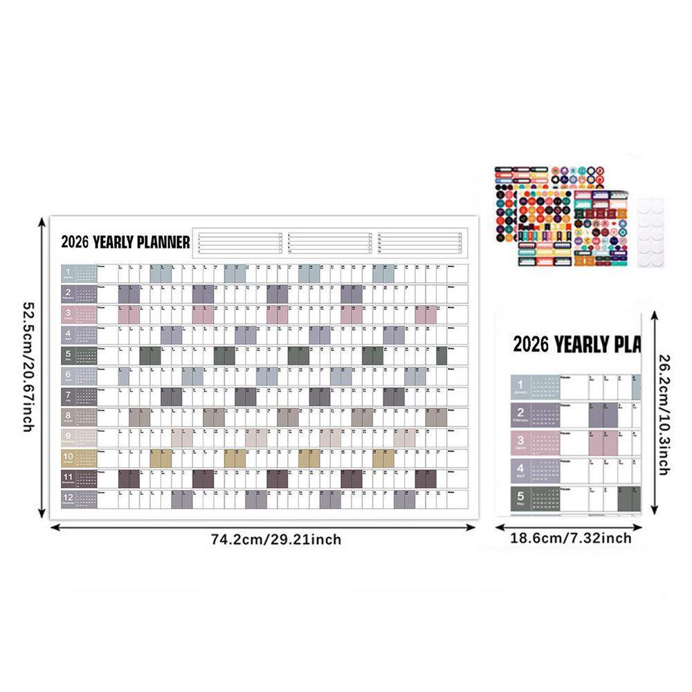2026 Yearly Wall Calendar Poster with Stickers Large Planning Schedule Home Office Organization Time Management Tool