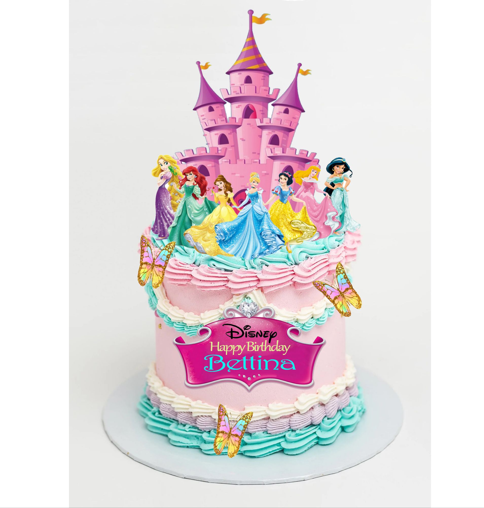 This pretty Disney princess cake for lil princess Evelyn  👸🏻🧜🏻‍♀️💖💛💜💙 2 tier whipped cream cake with edible print, fondant  princess dresses… | Instagram