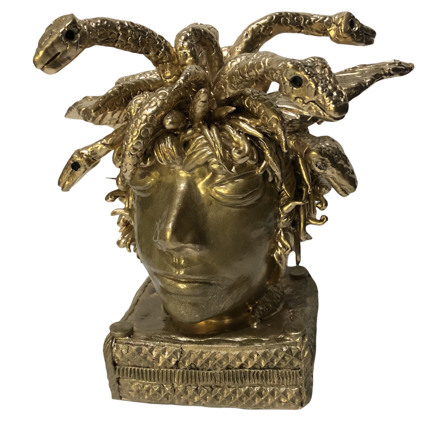 Cast Bronze Resin Medusa Head Figure on Plinth Bust Sculpture Painted Accent Art 