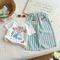 Tagkita | Mosquito Repellent Girls Summer Outfit Set with Alice in Wonderland Cartoon Short Sleeve T-Shirt and Striped Pants for Baby Girls 2025 New Collection