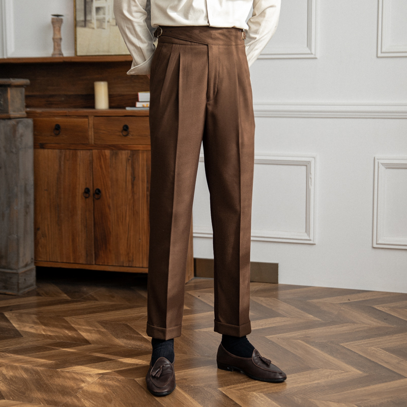 Naples Pants Men's British Retro Pleated Pants High Waist Straight