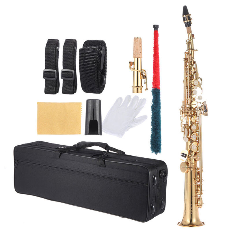 Brass Straight Soprano Sax Saxophone Bb B Flat Woodwind Instrument Natural Shell Key Carve Pattern with Carrying Case Gloves