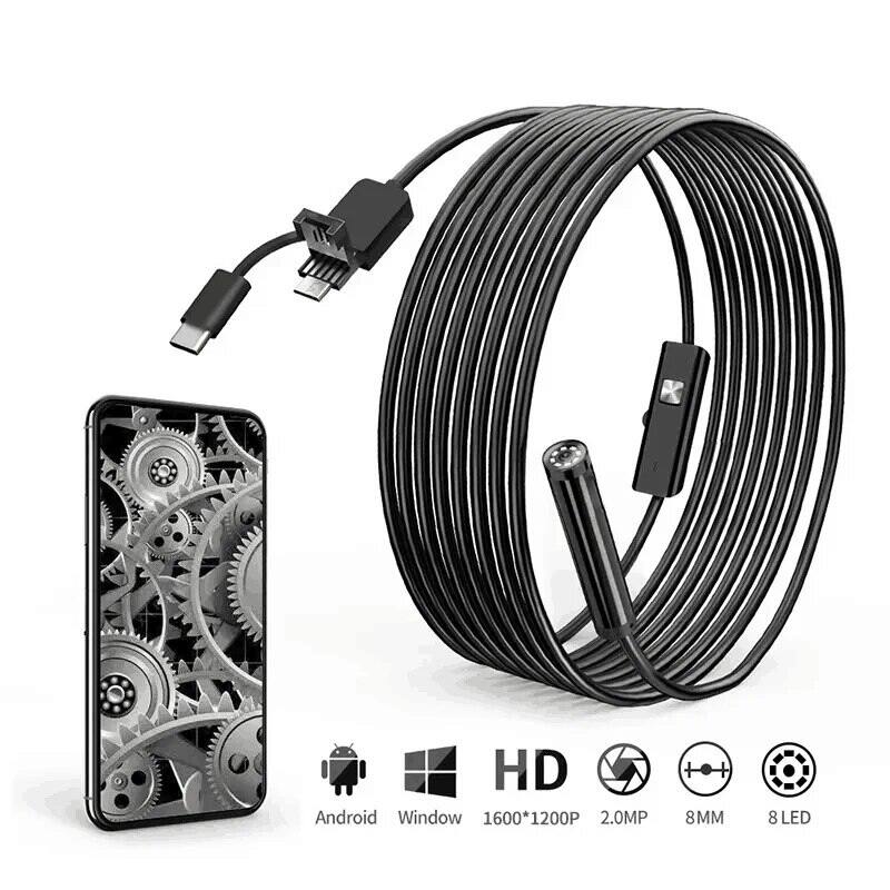 8mm 1200P HD Endoscope Camera IP67 Waterproof Borescope Scope Camera With 8 Led for Cars Support Android Usb Type C