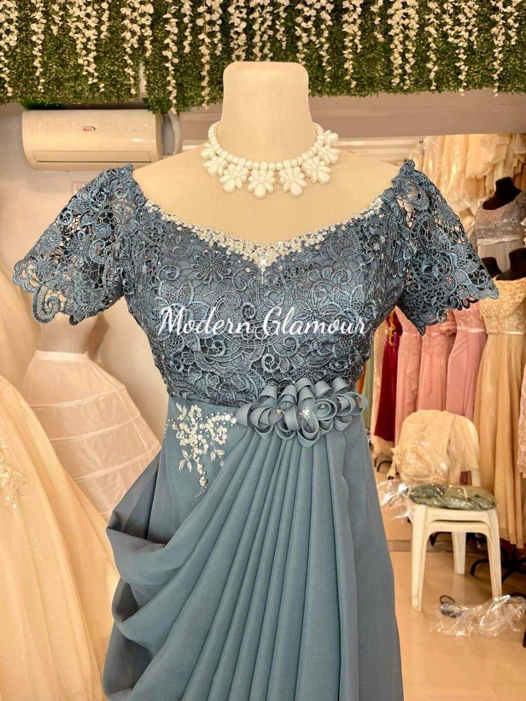 DUSTY BLUE SWAG DESIGN FORMAL GOWN NINANG GOWN MOTHER OF THE BRIDE GROOM HIGH QUALITY Lazada PH