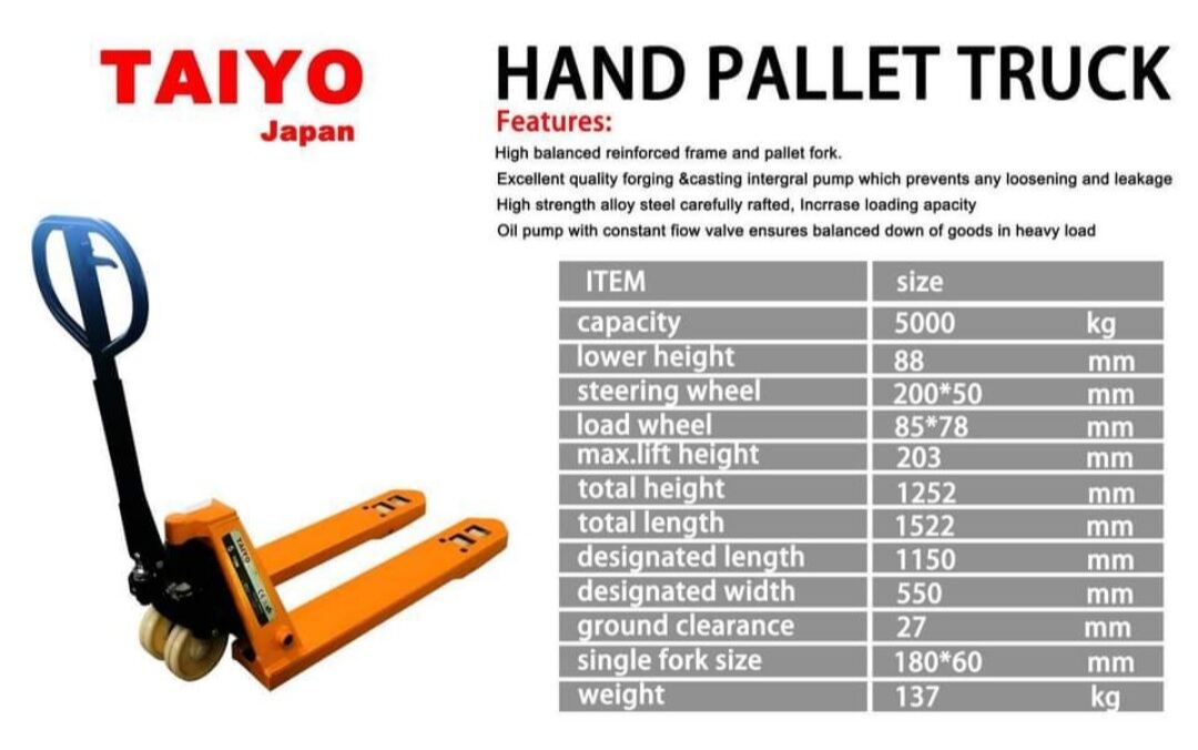 HEAVY DUTY HYDRAULIC PALLET TRUCK HAND PALLET 5 TONS TAIYO JAPAN