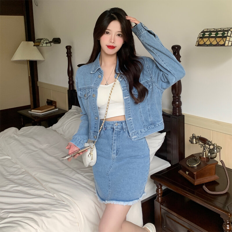 Denim Jacket + Denim Skirt Two-Piece 