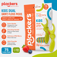 Plackers Kids Dual Grip Floss Picks 75 counts - Extra gentle design for kids teeth and gums dual grip handle for easy use delicious wild berry flavor with fluoride for healthy smiles.