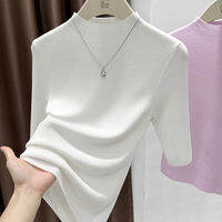 Loowmane | Navy Mid-sleeve Fitted Stand-up Collar Knit Top