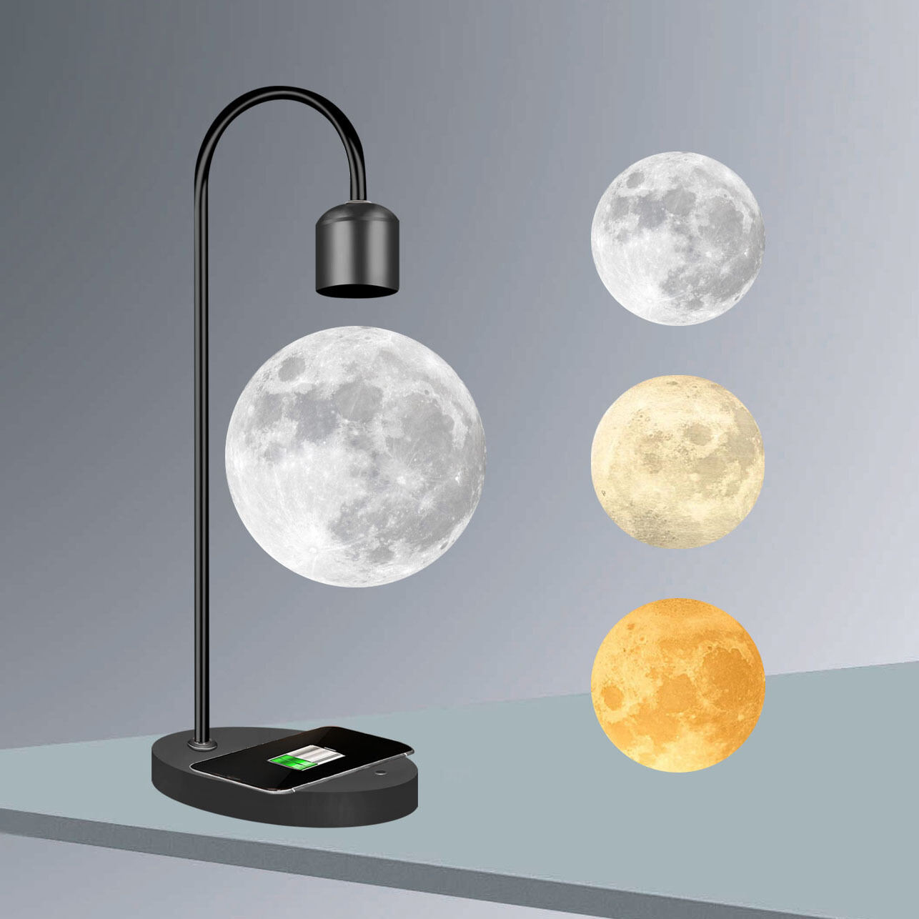SHANNAIER | 3D Printed Magnetic Levitation Moon Lamp Wireless Charging Bedside Night Light