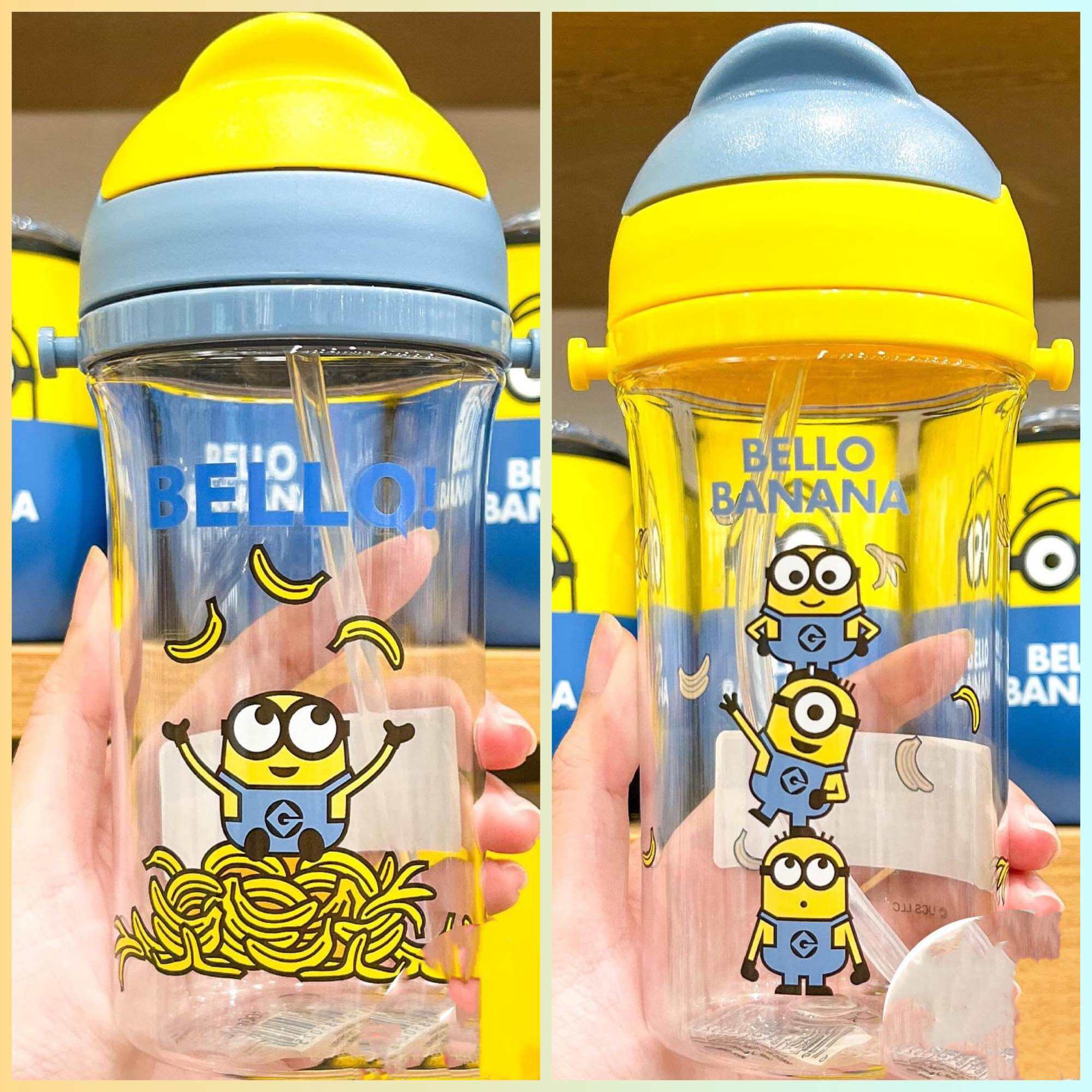 MINISO Minions Collection Plastic Water Bottle with Straw and Shoulder  Strap - 600mL Yellow Tumbler