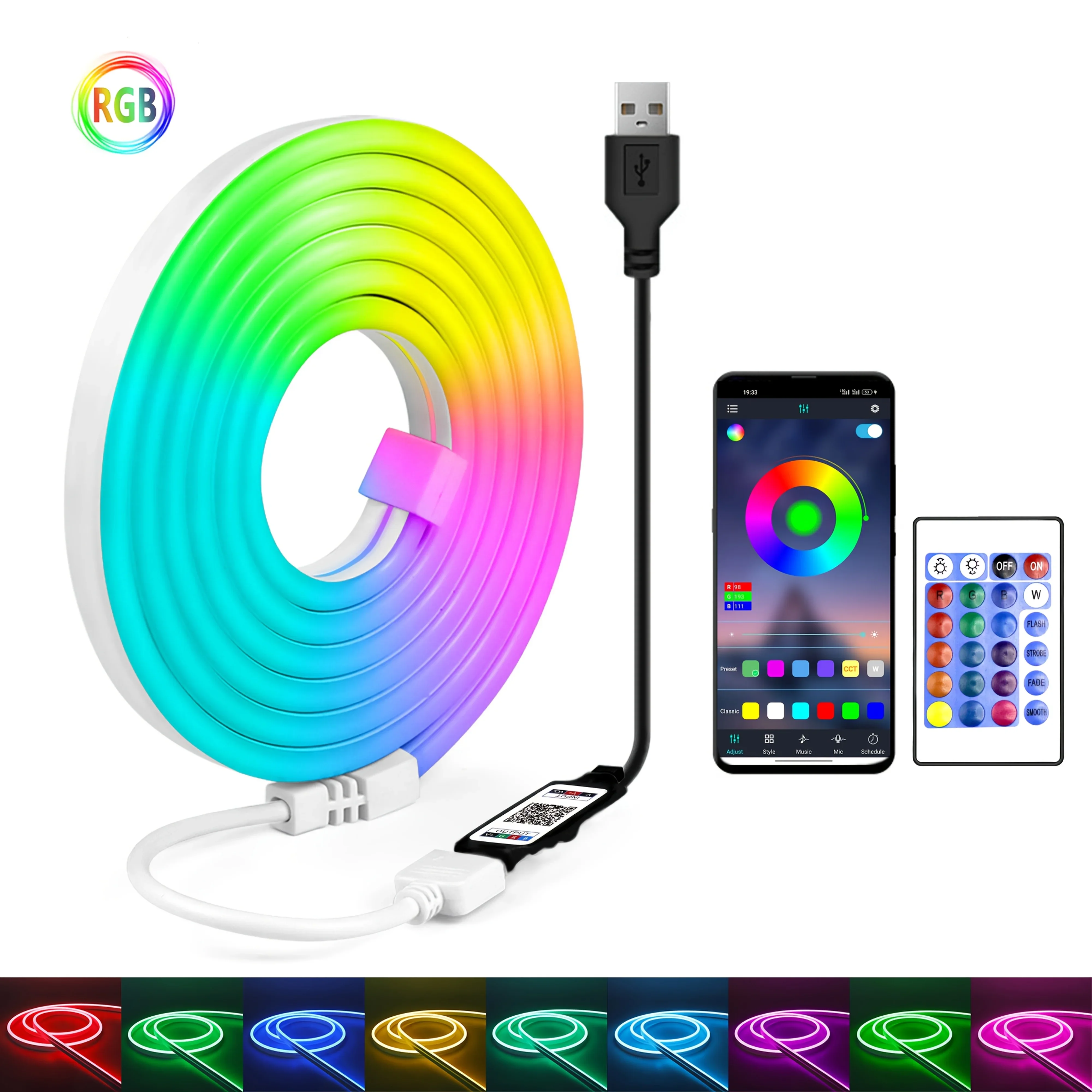 RGB Flexible LED Strip Lights USB Neon Rope Lights Remote App Control Music Sync Color Change Gaming Room Party Decor DIY Design