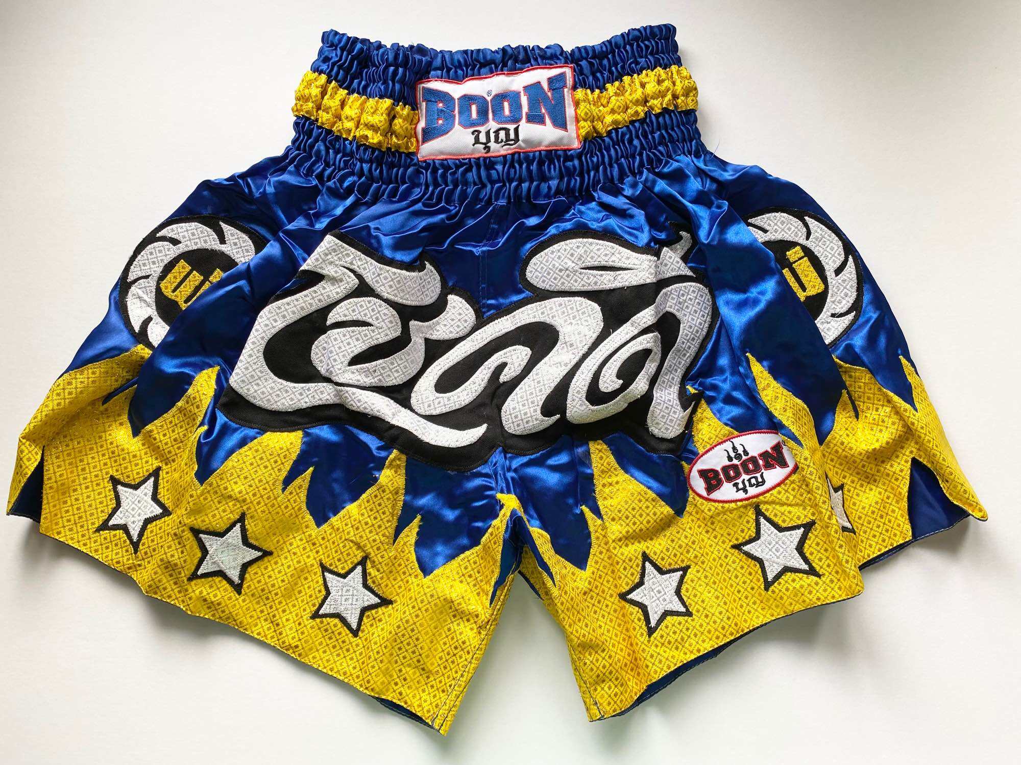 Boon Satin Muay Thai Fight Shorts Chok Dee Flames Blue Yellow