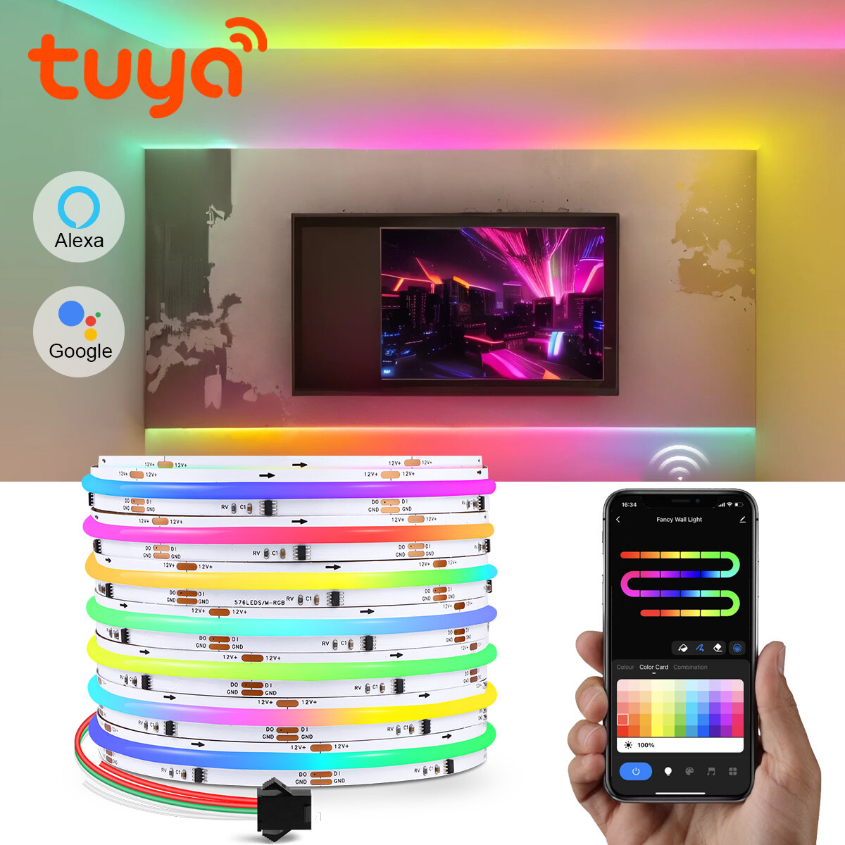 Tuya RGBIC RGB COB LED Strip Light 12V 1m 2m 3m 5m Wifi Flexible Dimmable Cupboard Wardrobe Decor Lamp for Alexa Google Home