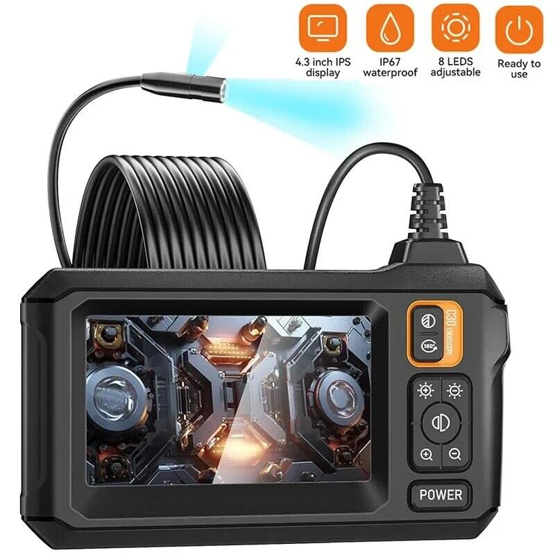 Industrial Endoscope Camera 8mm HD1080P 4.3inch Ips Screen 1080P Pipe Inspection Camera for Car Repair IP67 Waterproof 8 Leds