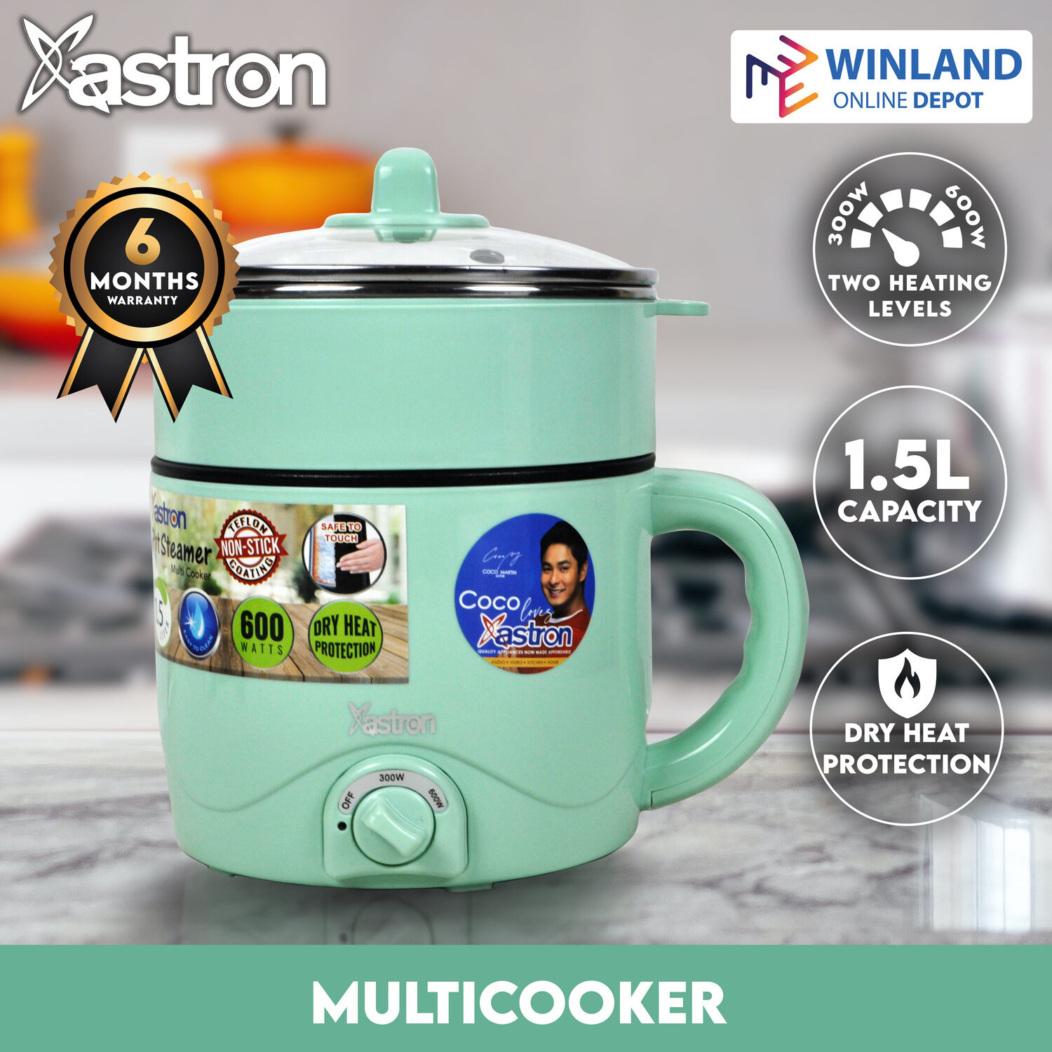 Astron QUICKPOT 1.8L Blue Multipurpose electric cooker, 450W, dry heat  protection, safe to touch, nonstick teflon coated surface