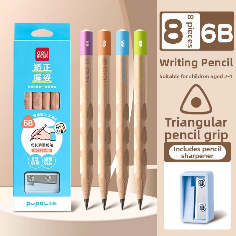 Posture Correcting Pencil for Beginners Large Triangle Grip Writing Practice Wooden Non-Toxic 2B/4B/6B