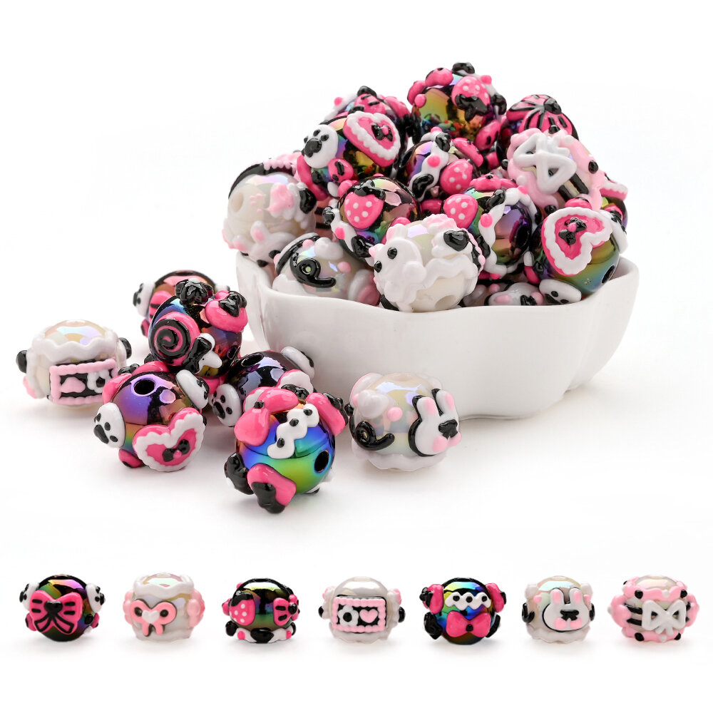 10Pcs Black Pink Hand-Painted Resin Beads For Jewelry Making DIY Necklace Bracelet Keychain Beaded Pen Decorative Accessories