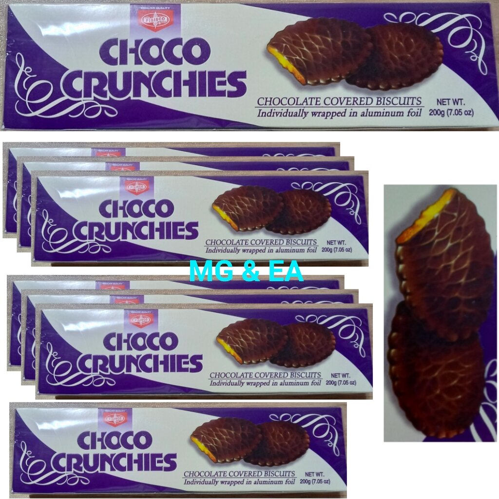 200g Choco Crunchies. Chocolate Covered Biscuits. Individually wrapped in aluminum foil.