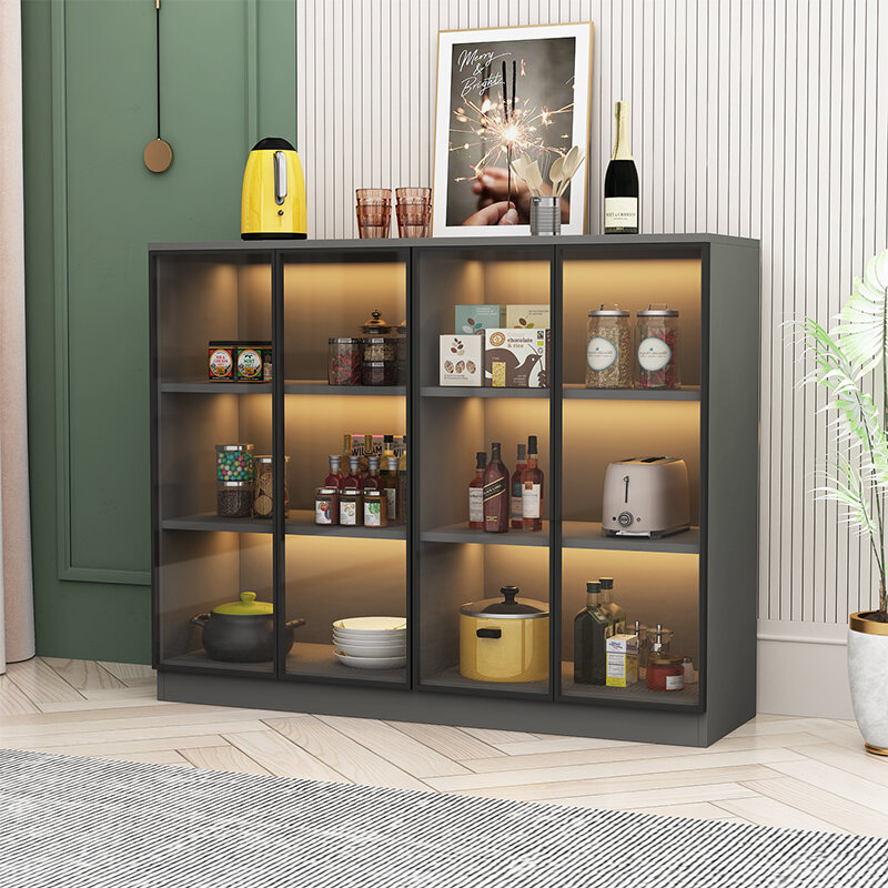 FUFU&GAGA Black Wood Display Cabinet With Tempered Glass Doors and