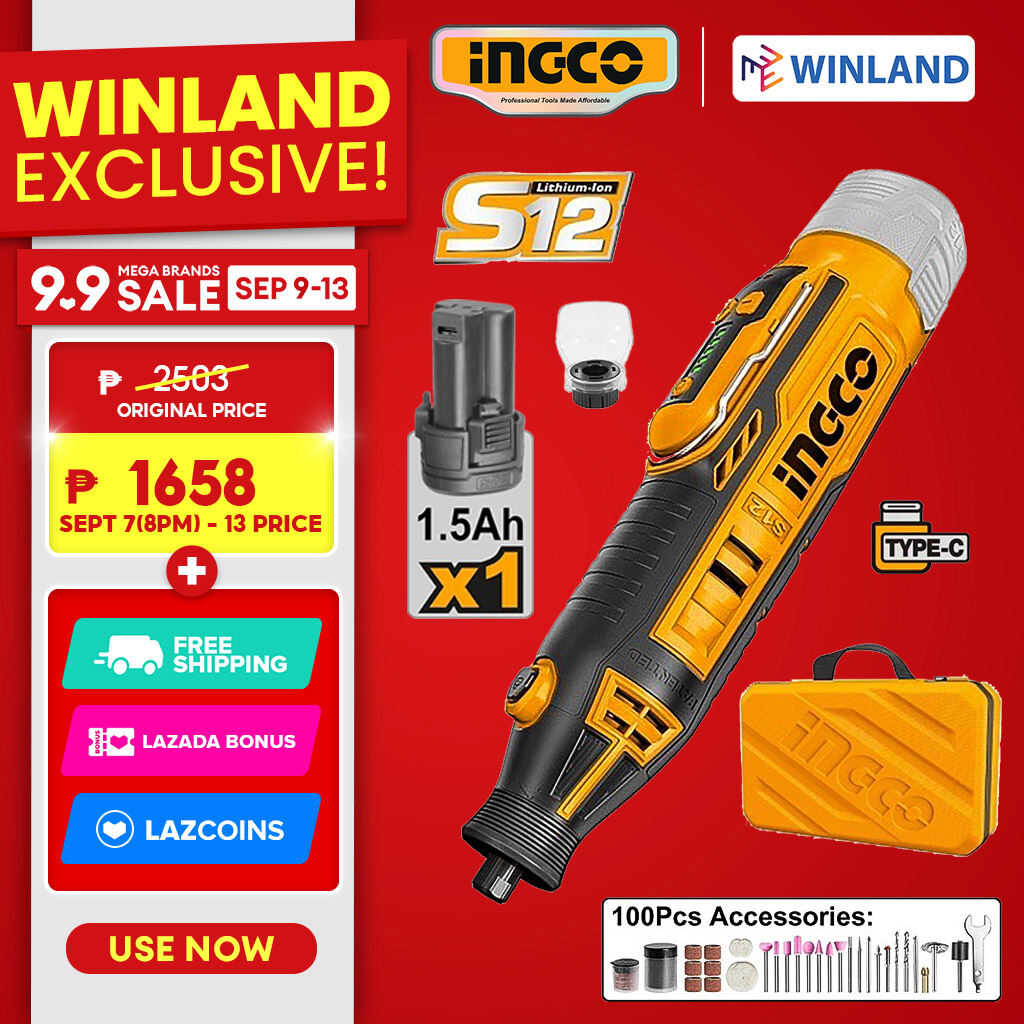 Ingco by Winland 12V Portable Grinder with 100 Accessories