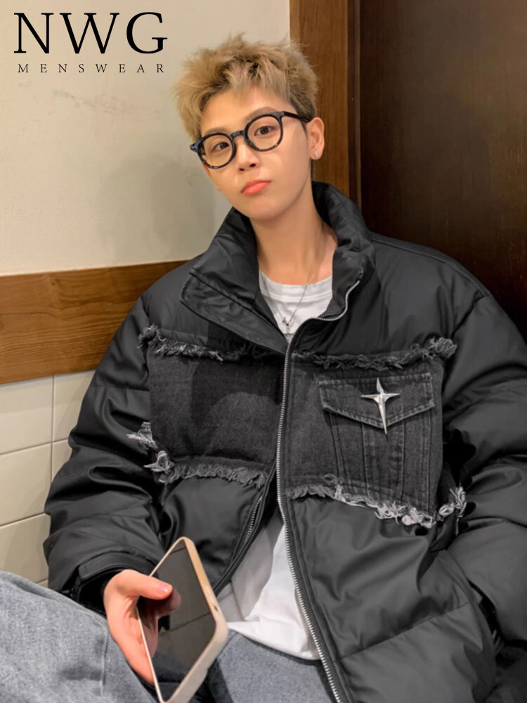 NWG | Winter Thickened Retro Style Loose Collar Denim Patchwork Cotton Coat Presyo 3,853 Piso*Libreng Shipping