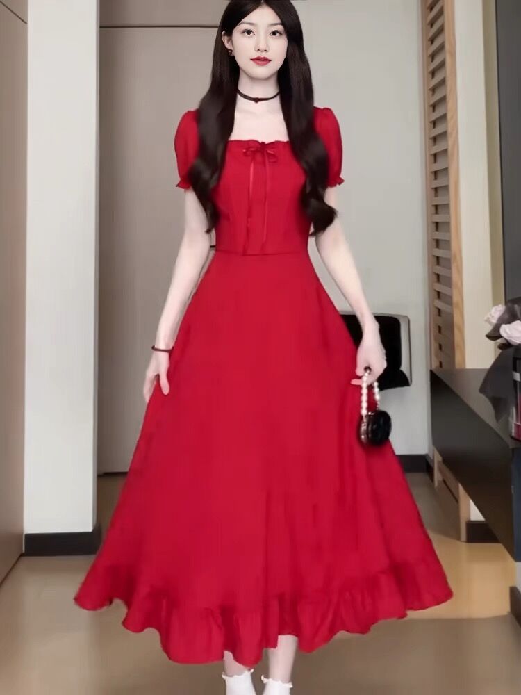 red dress shopee Red Sleeveless Knee-length Dress With Flared Skirt