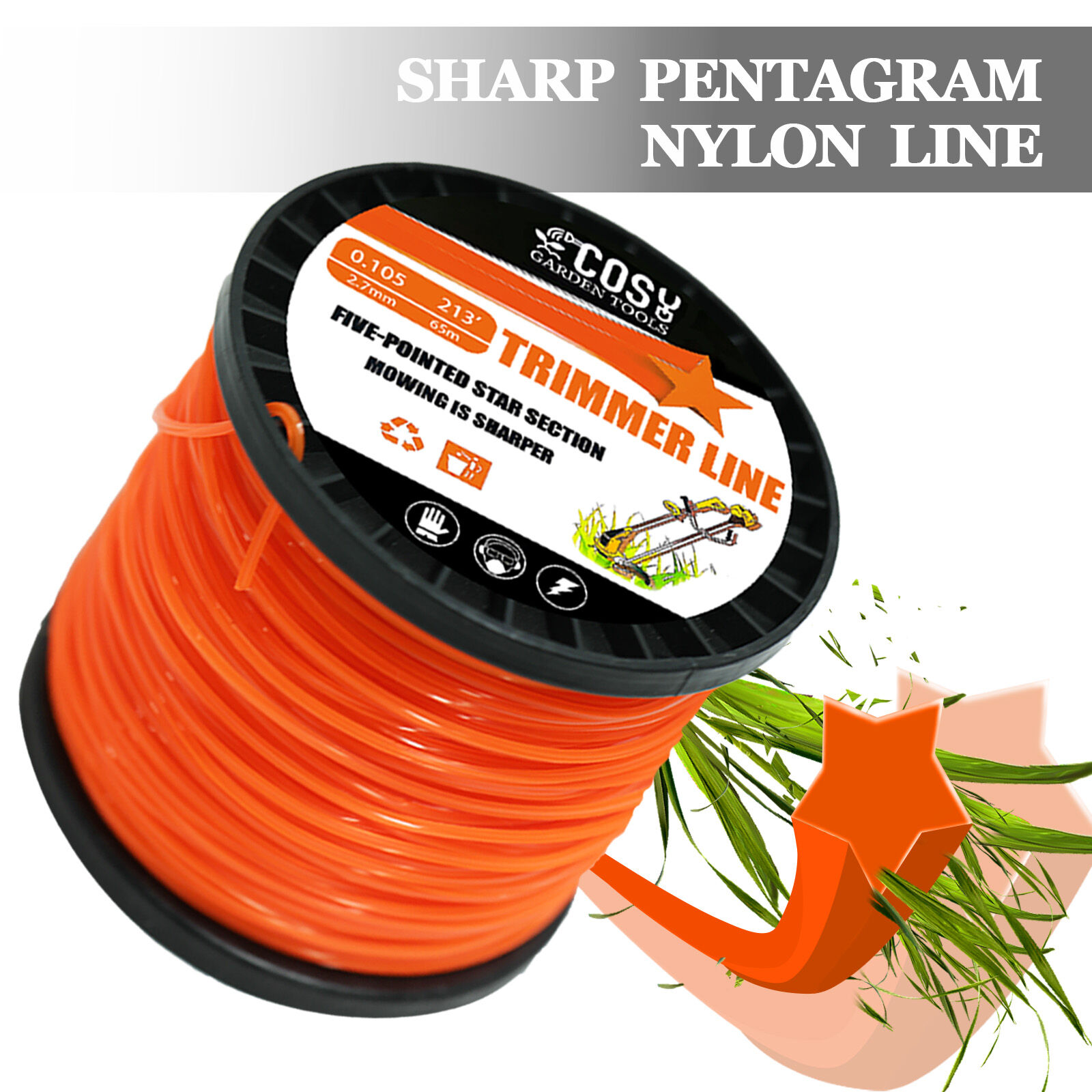 2.7MM*100M String Trimmer Line, Commercial Grade Orange Pentagon Weed ...