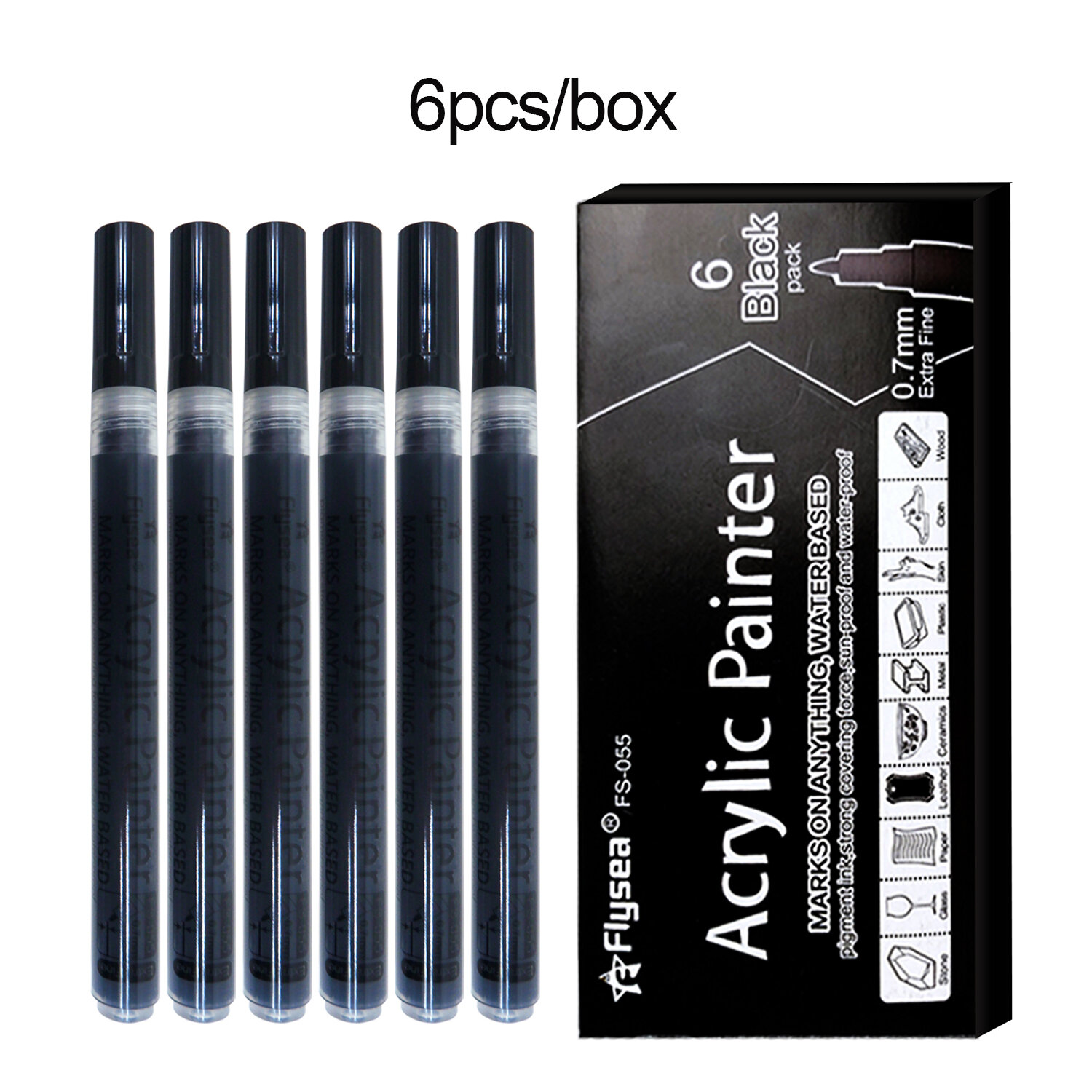 6Pcs/set Black Acrylic Paint Pen for Rock Painting Stone Ceramic Glass Wood Tire Fabric Metal Canvas