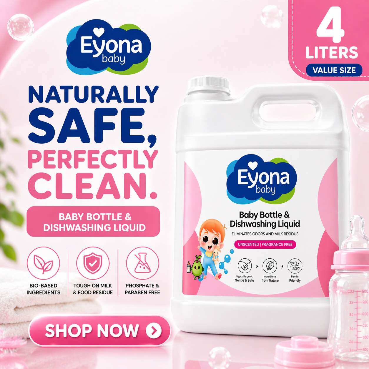 Eyona Baby Bottle Cleanser Unscented – Food-Grade Dishwashing Liquid for Bottles Nipples & Utensils