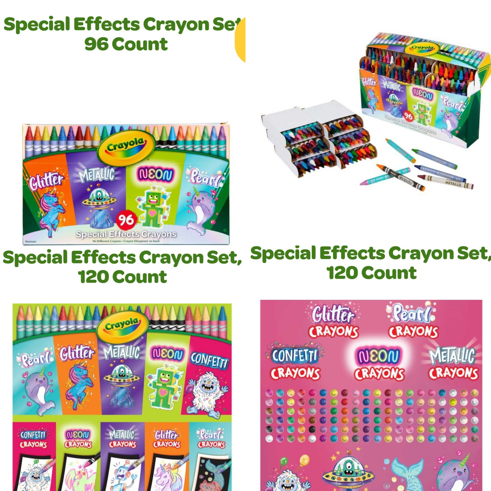 Kids Crayons, Glitter, Pearl, Neon & Metallic - Set of 96