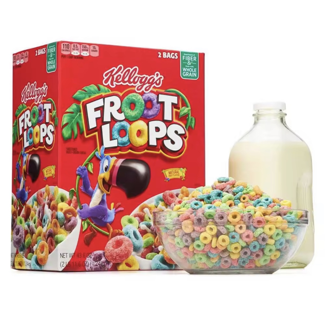 Kellogg's Froot Loops Cereal 43.6 oz 2 Bags Toucan whole grain fruit