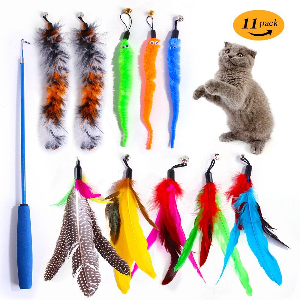 11pcs Replacement Cat Feather Toy Set Feather Replacement Head Retractable Cat Stick Cat Products. 