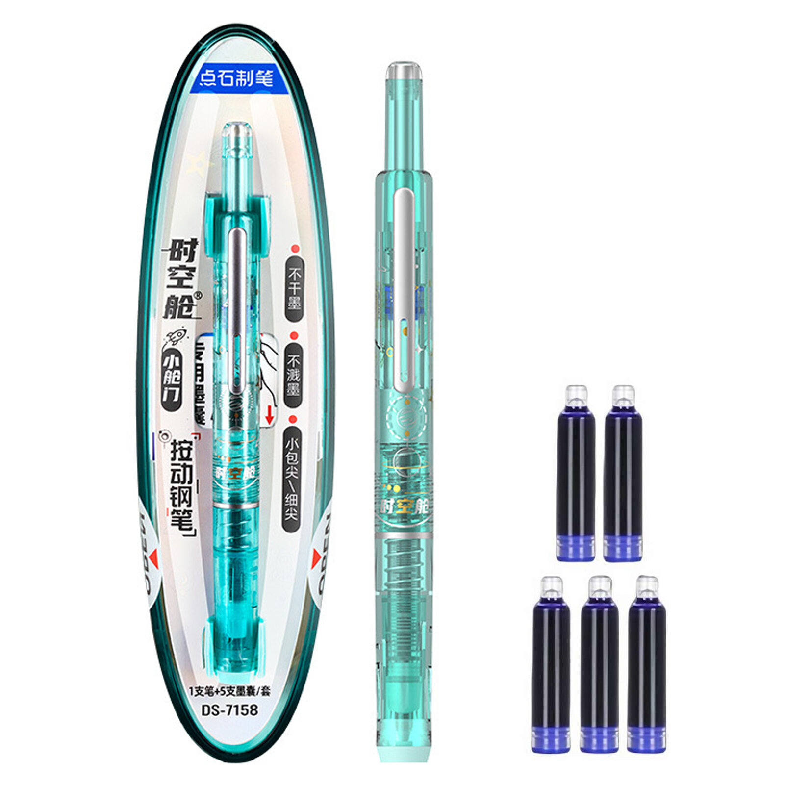 Retractable Fountain Pen Blue Ink Clictek Push Action Fountain Pen Blue with 5 Ink Refills Retractable Push Pen