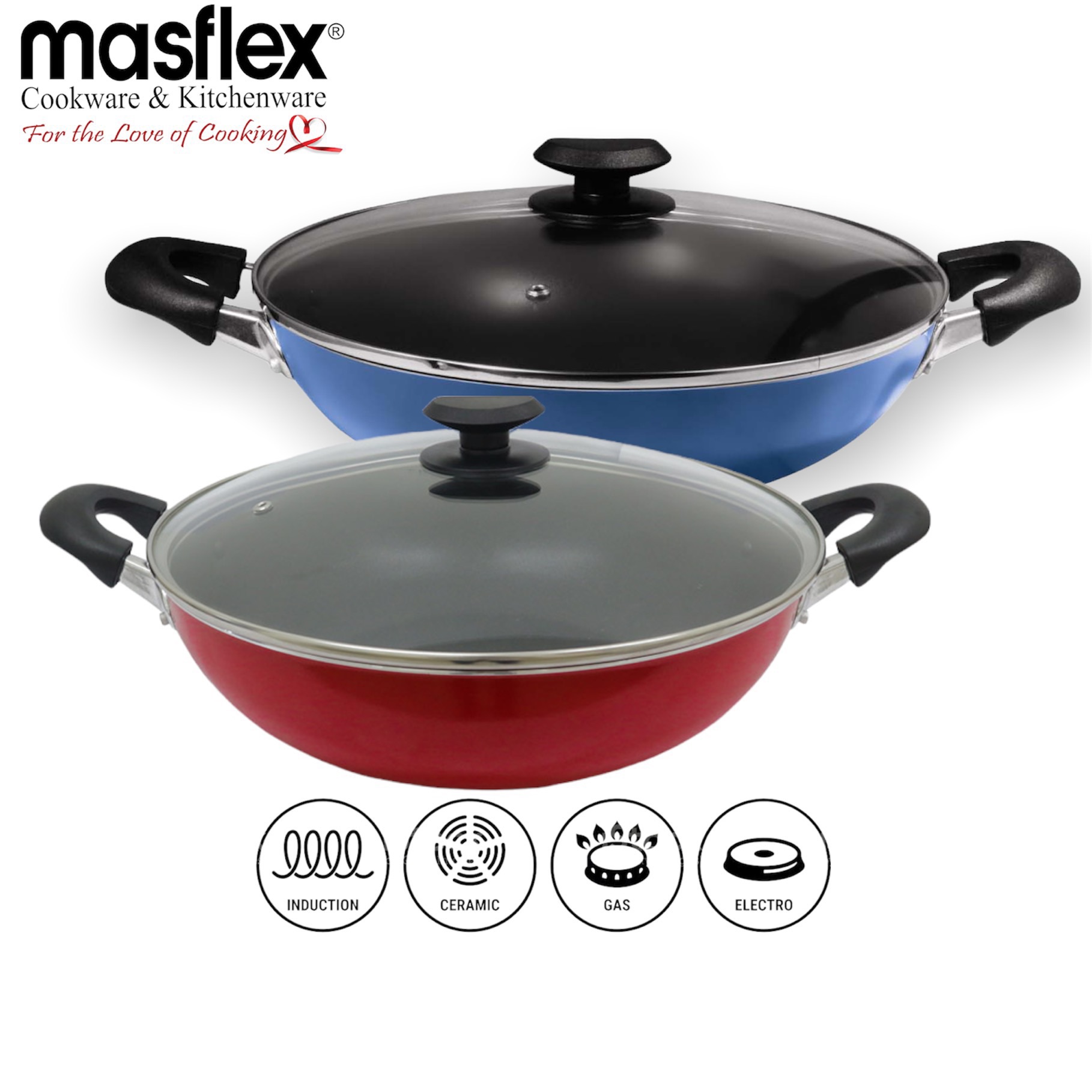 Masflex 32 cm Master Class Non Stick Wok With Glass Lid